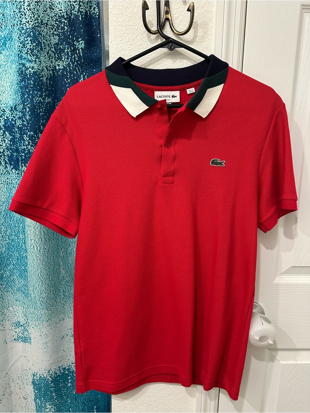 #16 Lacoste Red Polo with Navy & White Contrast Collar